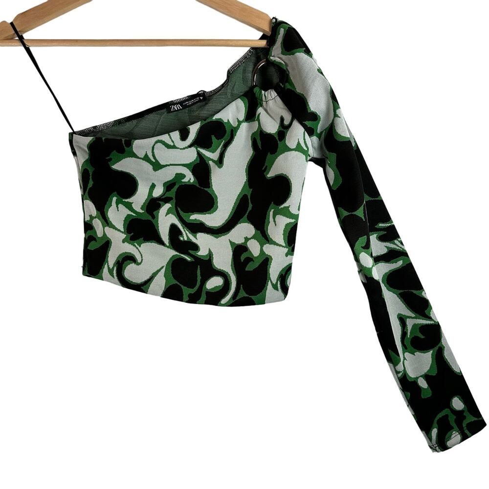 NWT Zara Jacquard Asymmetrical One Sleeve Green/B&W Women's Top - Size M